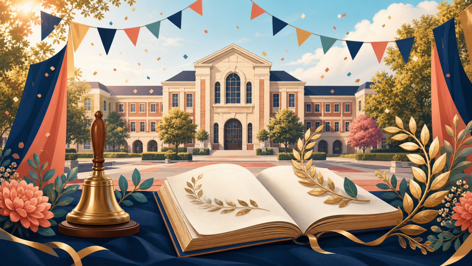 Founder’s Week celebration illustration showing a decorated school, commemorative book, bell, and laurels